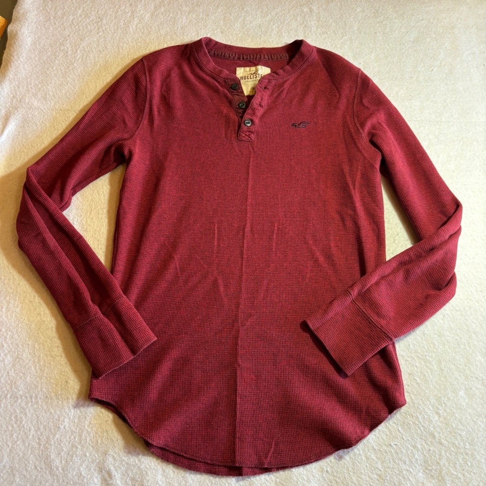 Hollister Mens Burgundy Waffle Knit Long‎ Sleeve Henley Shirt Size Medium
